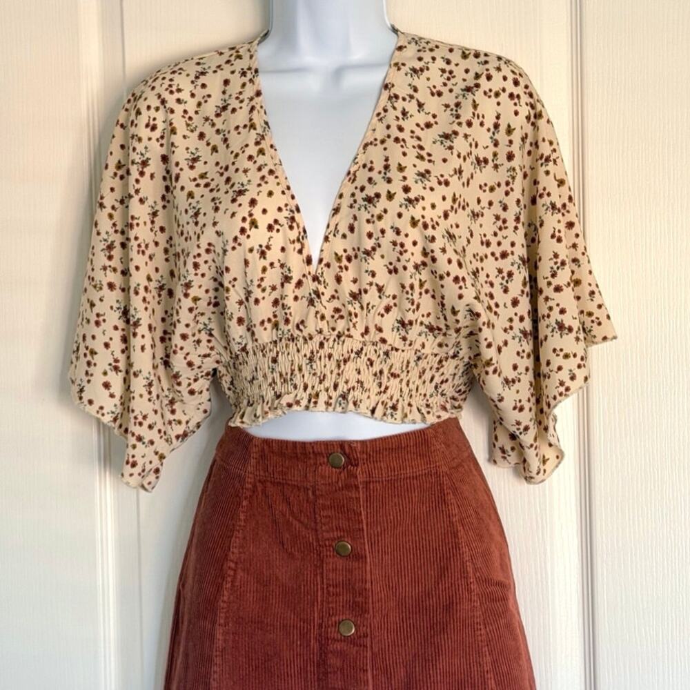 Boho Floral Fall V Neck Cinched Cropped Blouse Dolman Batwing Sleeves Small 4